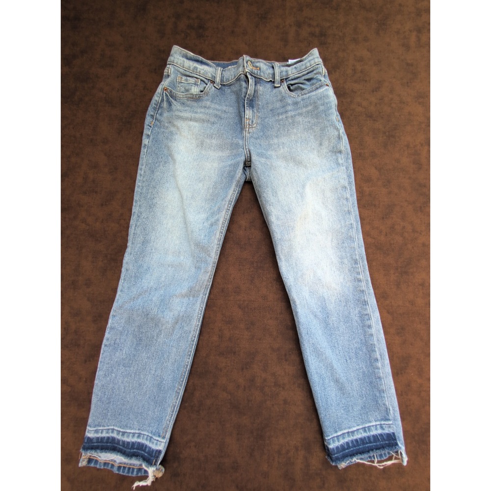 Old Navy Mid-Rise Boyfriend Jeans Blue Medium Wash Uneven Fray Hem Size 2